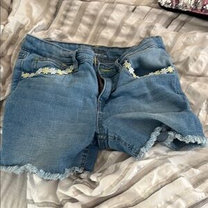 Women's Blue Denim Shorts with Floral Trim